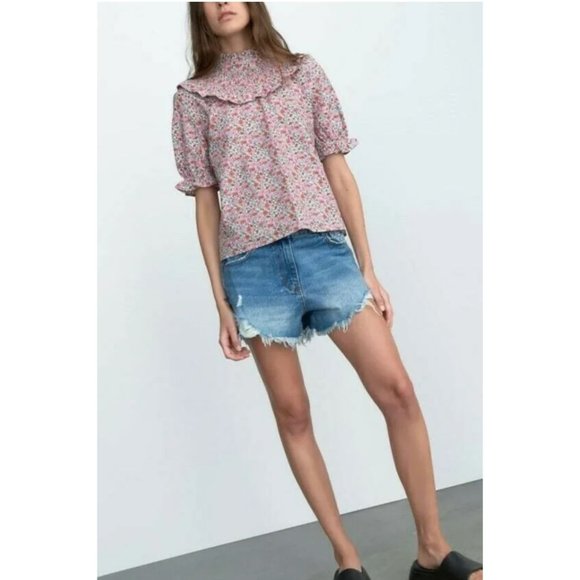 Zara Tops - ZARA Cotton Smock Ruffle Floral Print Poplin Blouse Shortsleeve Elastic S Pink